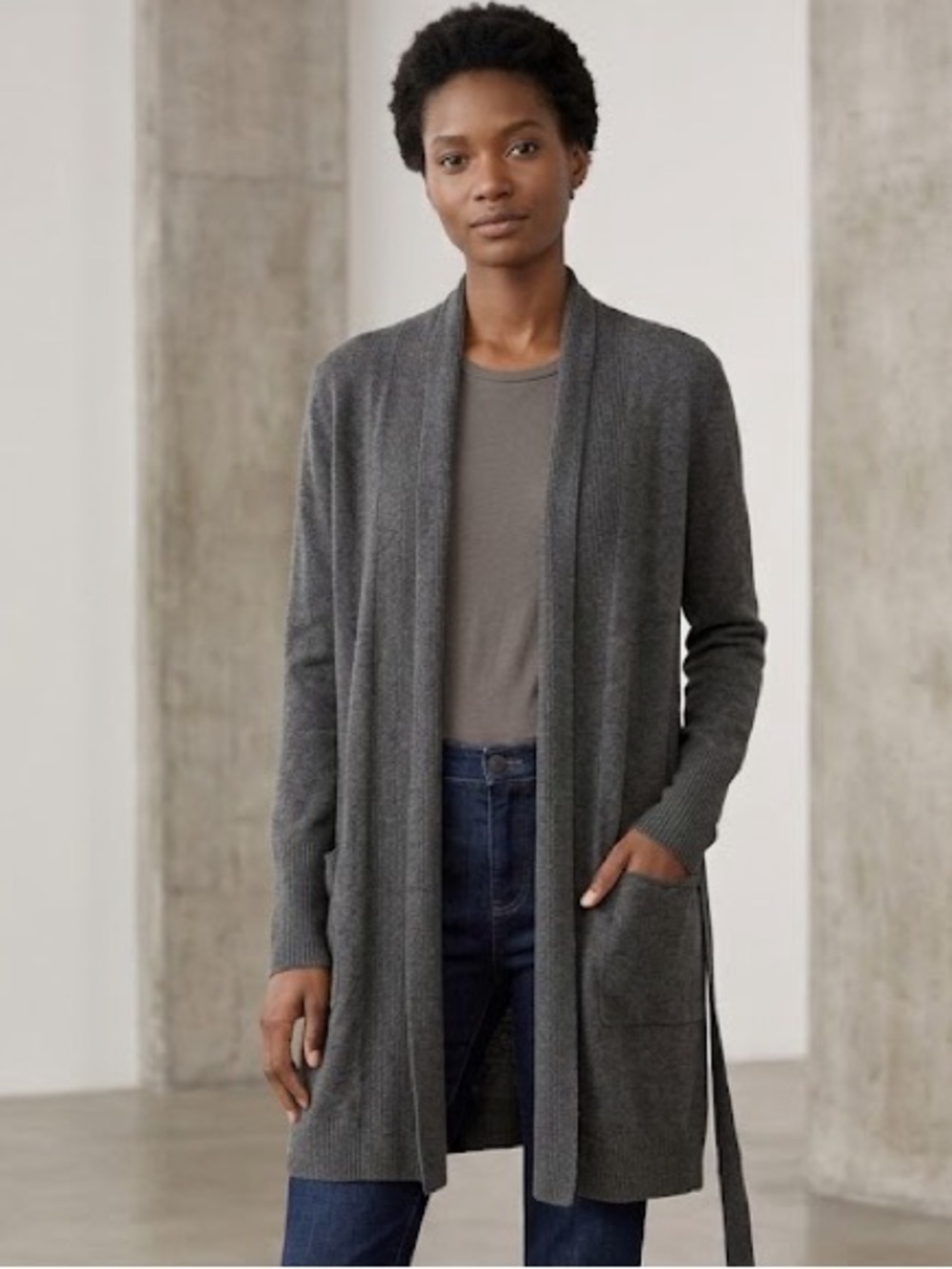 Eileen Fisher / Dark Gray Italian yarn open tie waist cardigan duster sweater S